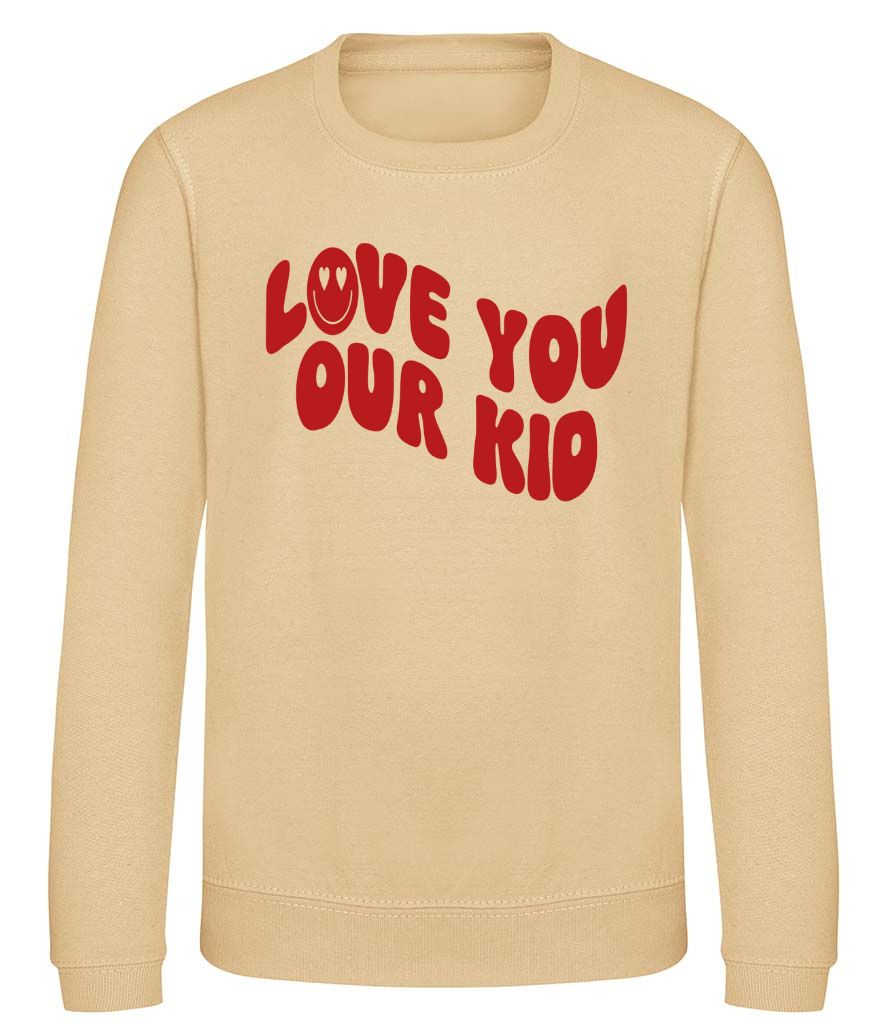 Our Albie ‘Love You Our Kid’ sweatshirt for kids in desert sand