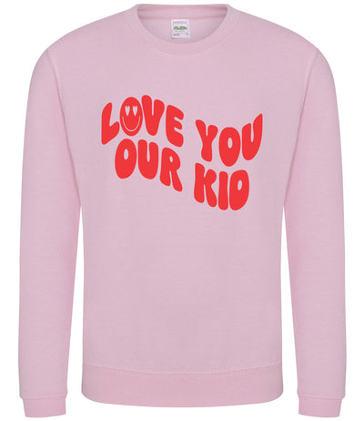 Our Albie ‘Love You Our Kid’ sweatshirt for kids in pink cherry