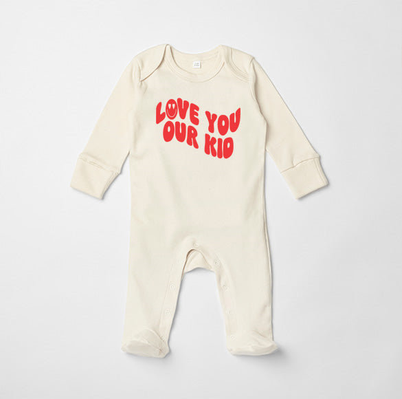 Our Albie ‘Love You Our Kid’ sleepsuit for babies organic cream