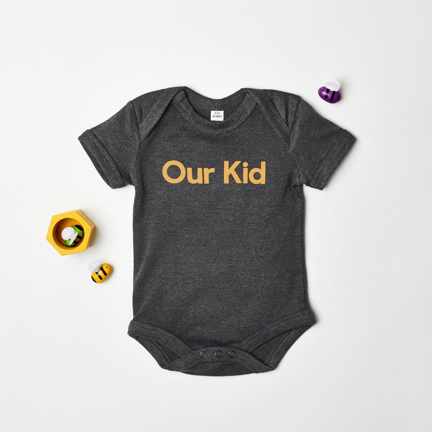 Our Kid Slogan Vest for Babies in Charcoal + Mustard